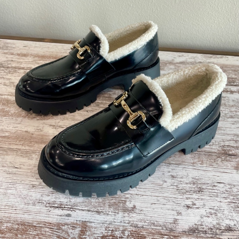 Steve Madden LANDO Loafer Platform Slip On Black Leather Women Size 7.5 NWOT